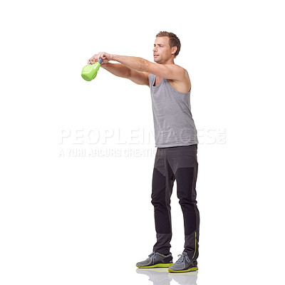 Buy stock photo Training, strong and studio man with kettlebell for arm muscle growth, strength power development or weightlifting routine. Gym equipment, active workout and male bodybuilder on white background