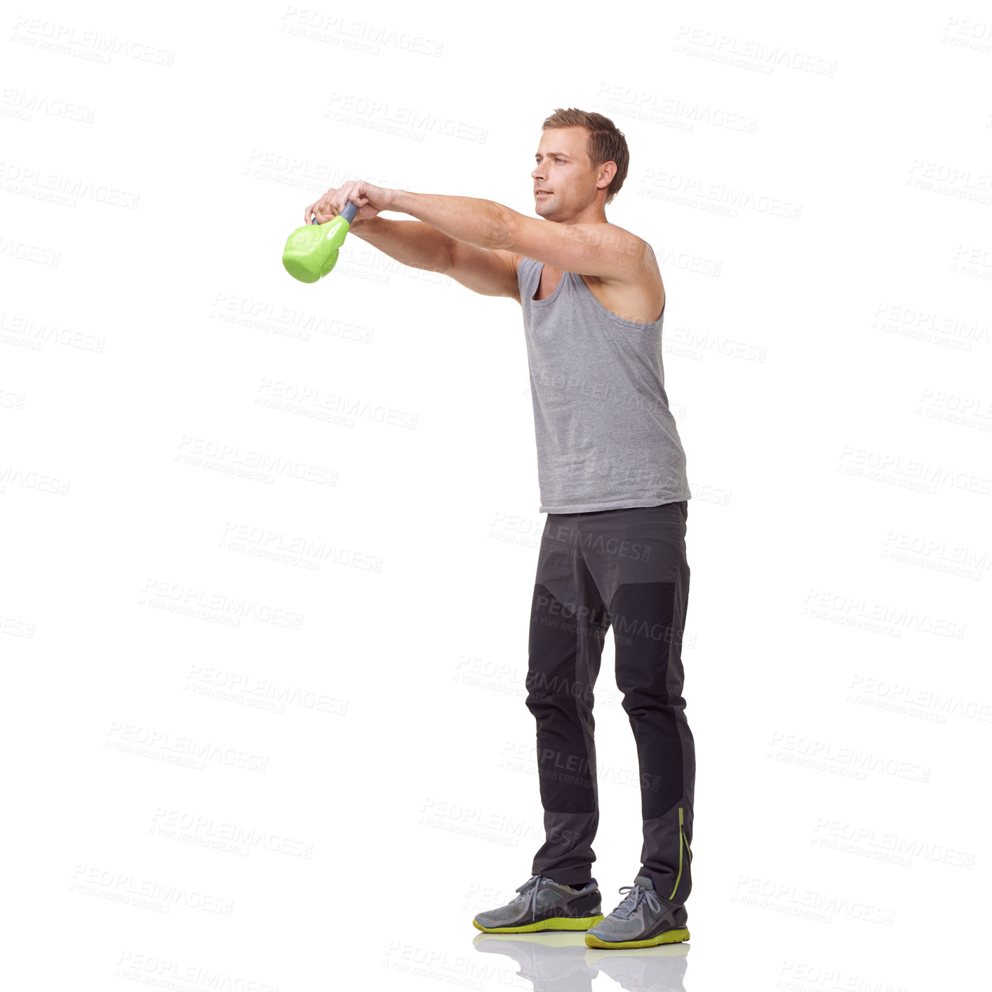 Buy stock photo Training, strong and studio man with kettlebell for arm muscle growth, strength power development or weightlifting routine. Gym equipment, active workout and male bodybuilder on white background