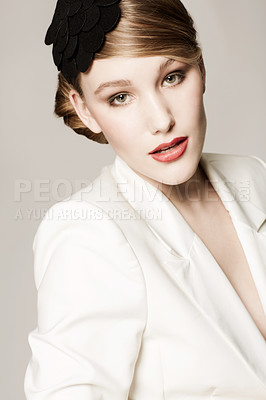 Buy stock photo Woman, portrait and vintage fashion in studio with confidence, pride and elegant style with hairband. Person, face and designer outfit with hair accessory or classic for aesthetic on white background