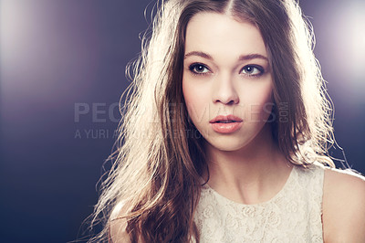 Buy stock photo Beauty, glamour of young woman in a studio with makeup, cosmetic or natural face routine. Model, cosmetology and beautiful female person from Canada with spotlight isolated by dark black background.