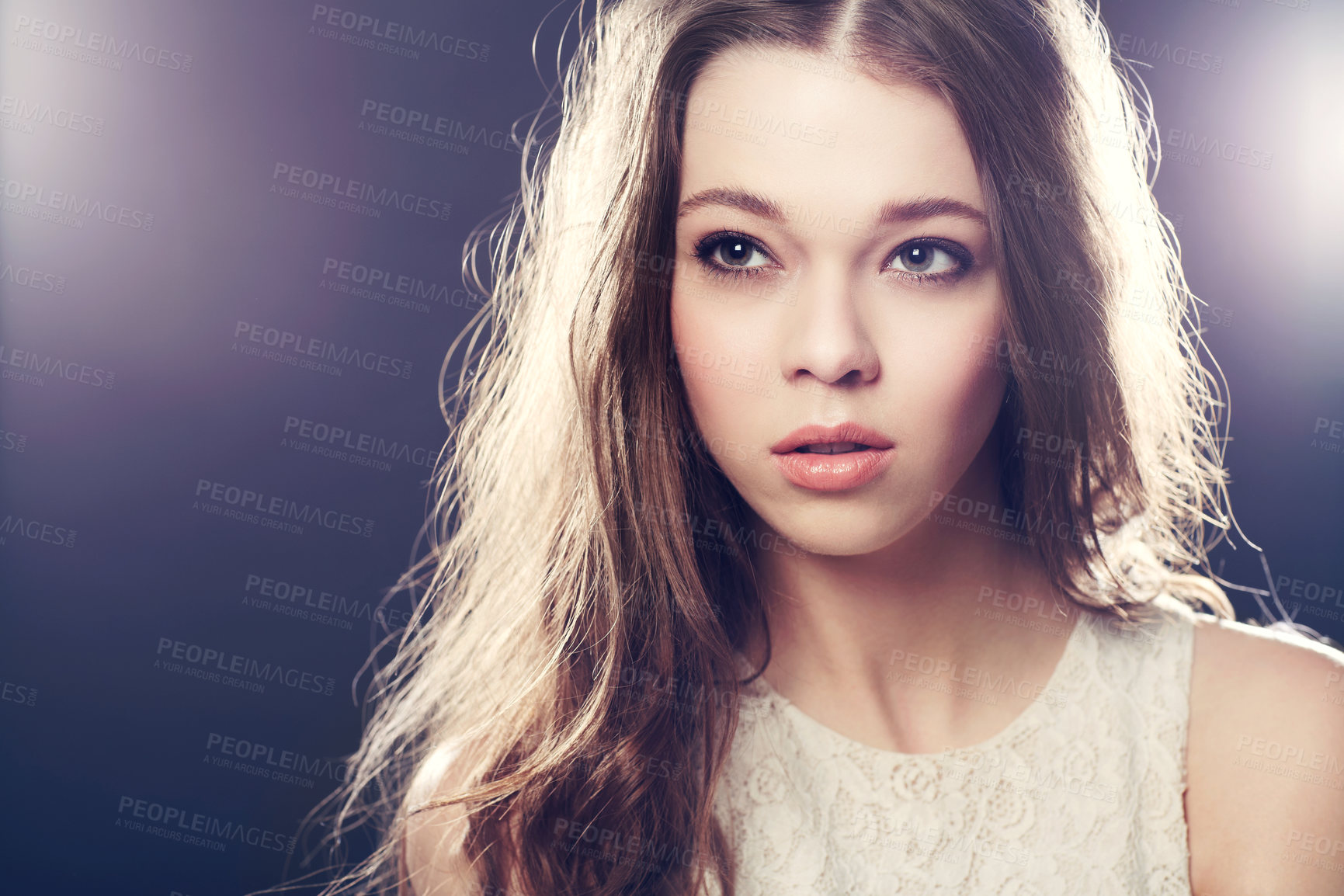 Buy stock photo Beauty, glamour of young woman in a studio with makeup, cosmetic or natural face routine. Model, cosmetology and beautiful female person from Canada with spotlight isolated by dark black background.