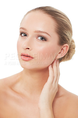 Buy stock photo Woman, makeup and beauty with portrait, topless and model for skin, cosmetics on white background. Face, beautiful and headshot with shine, skincare or clean for facial glow, dermatology or grooming
