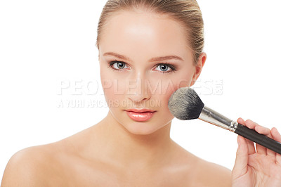 Buy stock photo Woman, makeup and beauty with brush, portrait and model for skin, cosmetics on white background. Face, beautiful and headshot with shine, skincare or clean for facial glow, cosmetology or grooming
