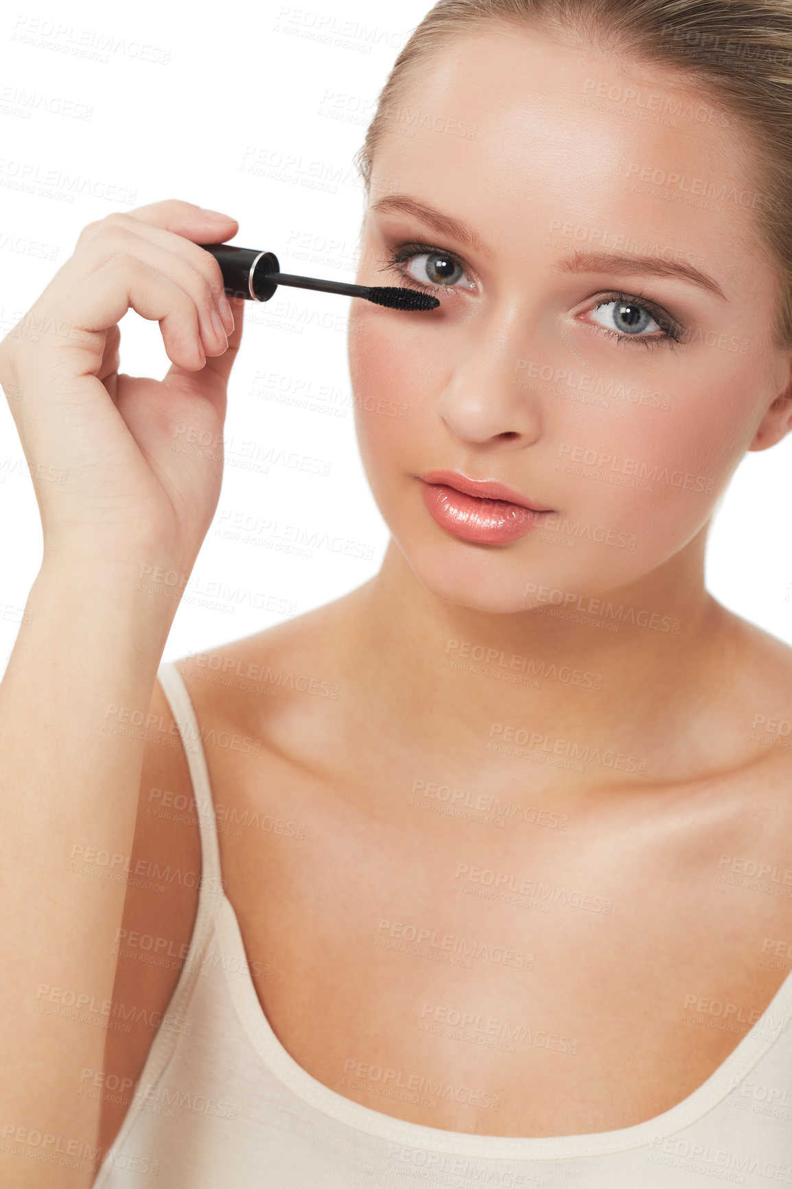 Buy stock photo Woman, makeup and beauty with mascara, portrait and eyelashes for skin, cosmetics on white background. Face, beautiful and headshot with shine, skincare or clean for glow, cosmetology or grooming