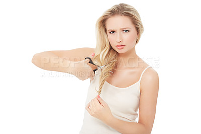 Buy stock photo Scissors, woman and portrait of hair care choice and decision with doubt and confused in studio. Cosmetics, diy and female person with haircut for split ends with treatment and white background