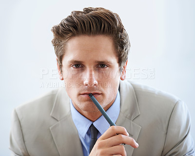 Buy stock photo Business man, portrait and thinking on idea in studio, confidence and worker contemplating career. Male person, professional and confidence on face, serious and plan for company by white background