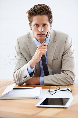 Buy stock photo Business man, thinking and serious in portrait, professional and planning on tablet or paperwork. Male person, confidence and contemplating strategy for company future in office, face and technology