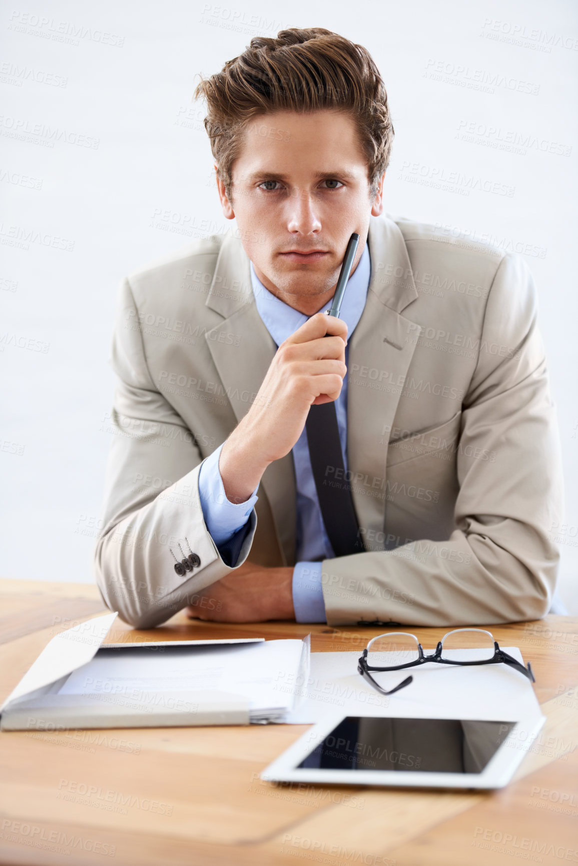 Buy stock photo Business man, thinking and serious in portrait, professional and planning on tablet or paperwork. Male person, confidence and contemplating strategy for company future in office, face and technology