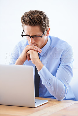 Buy stock photo Business man, laptop and thinking of research in stock market, trading solution and choice or decision. Professional person or trader in reading glasses, vision and financial planning on his computer