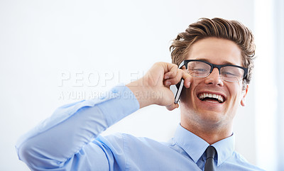 Buy stock photo Businessman, phone call and networking or smile in office, connection and contact for company. Male person, professional and communication or mobile application, technology and joy for discussion