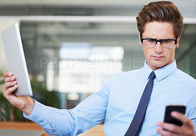Buy stock photo Businessman, tablet and confusion for smartphone in office, website and mobile application on tech. Male person, communication and typing a message or texting, online research and doubt or question