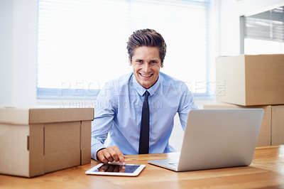 Buy stock photo Businessman, moving boxes and smile for laptop, entrepreneur and online logistics for courier. Happy male person, professional and delivery for company distribution, package and shipment by internet