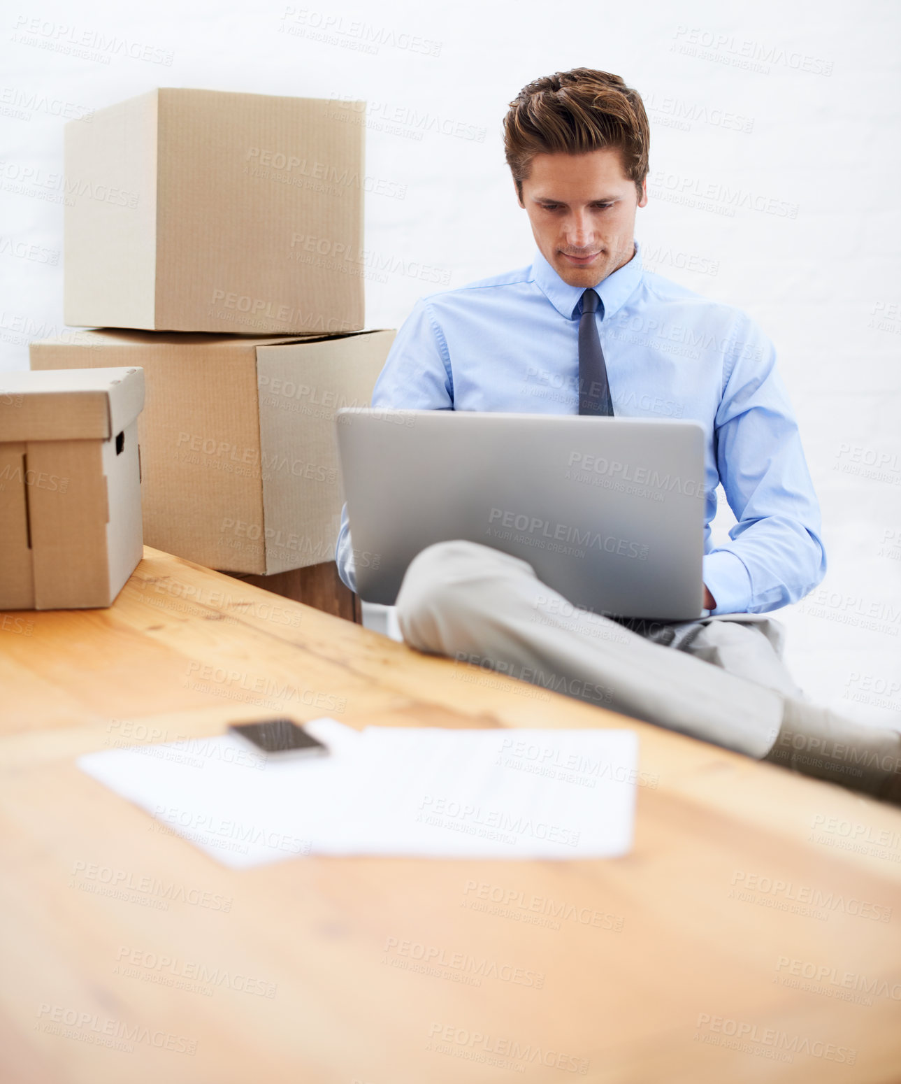 Buy stock photo Business man, shipping boxes and typing on laptop, entrepreneur and online logistics for courier. Male person, professional and delivery for company distribution, package and technology or internet