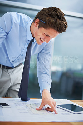 Buy stock photo Happy man, architecture and blueprint planning in office for design ideas, brainstorming and floor plan solution. Professional engineering person, industry designer or worker with sketch documents