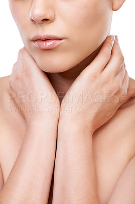 Buy stock photo Woman, hands and skincare for cosmetics, beauty or makeup isolated against a white studio background. Closeup of female person, shoulder or skin in care for dermatology, hygiene or spa  treatment