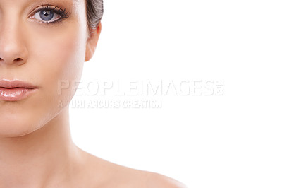 Buy stock photo Half, portrait and woman in studio for makeup, wellness or cosmetics mockup on white background space. Face, split or female model with glowing skin satisfaction, treatment or glam beauty results