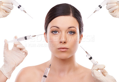 Buy stock photo Woman, portrait and injection for plastic surgery in studio with hands, chemical and product by white background. Girl patient, surgeon and syringe for change, transformation and results with beauty