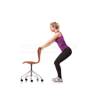 Buy stock photo Office, chair and woman in squat, exercise or crouch in white background or studio. Person, stretching and workout with a seat for fitness, health and wellness or pilates practice for posture 