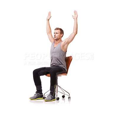Buy stock photo Posture, exercise and man on chair stretching for health and fitness in white background or studio. Sitting, workout and person training arms with seat for pilates, core practice and wellness