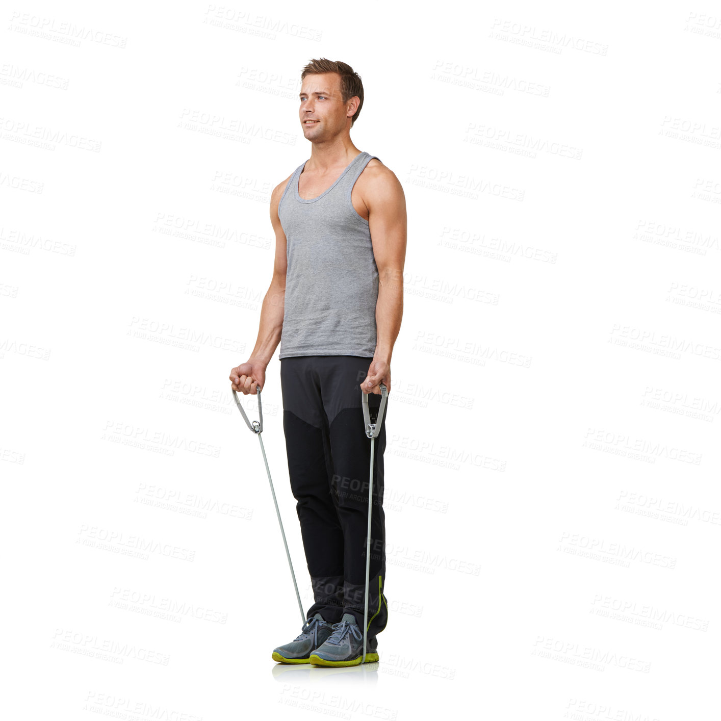 Buy stock photo Health, man and resistance band to workout in studio, gym and weight training for strong muscles. Sports person, exercise or commitment in stretching equipment in mockup or cardio on white background