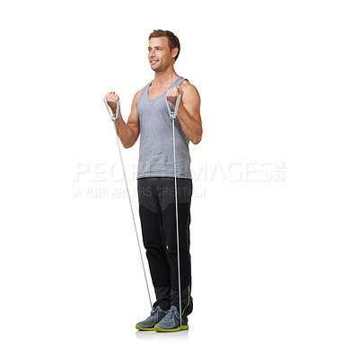 Buy stock photo Fitness, man and resistance band to workout in studio, gym and weight training for strong muscles. Sports person, exercise and commitment with gym equipment in mockup and cardio on white background