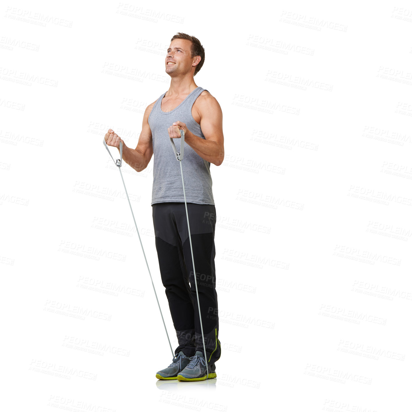 Buy stock photo Training, man and resistance band for workout in studio, gym and happy in fitness by strong muscles. Sports person, exercise and commitment with stretching in mockup and cardio on white background
