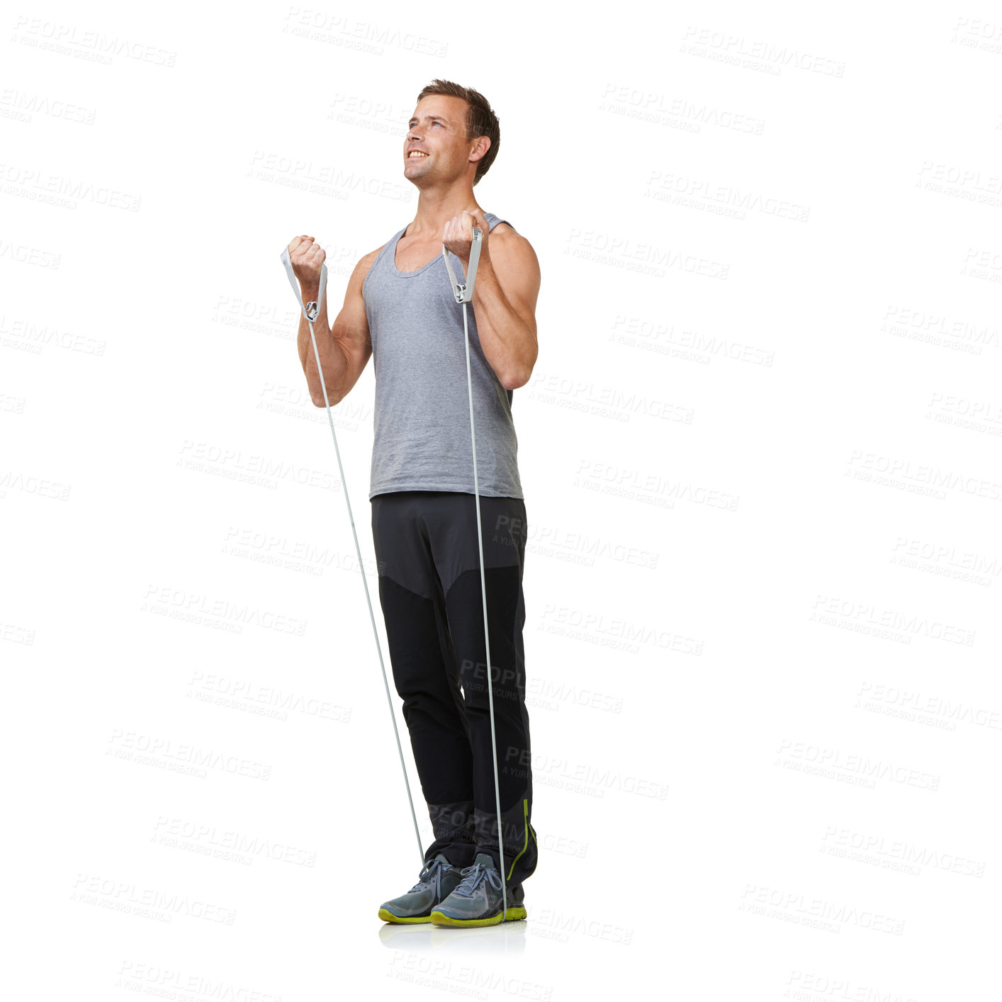 Buy stock photo Stretching, man and resistance band to workout in studio, gym and bicep training to strong or muscle sculpt. Sports person, smile and exercise for commitment in mockup and fitness on white background