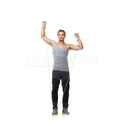 Buy stock photo Training, man and resistance band in health in studio, gym and bicep exercise by strong muscles or body. Sports person, workout and commitment with stretching in mockup and athlete white background