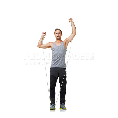 Buy stock photo Exercise, strong and man by resistance band in studio, gym and bicep arm training for workout. Person, fitness and muscle growth with equipment in mockup, health and athlete on white background