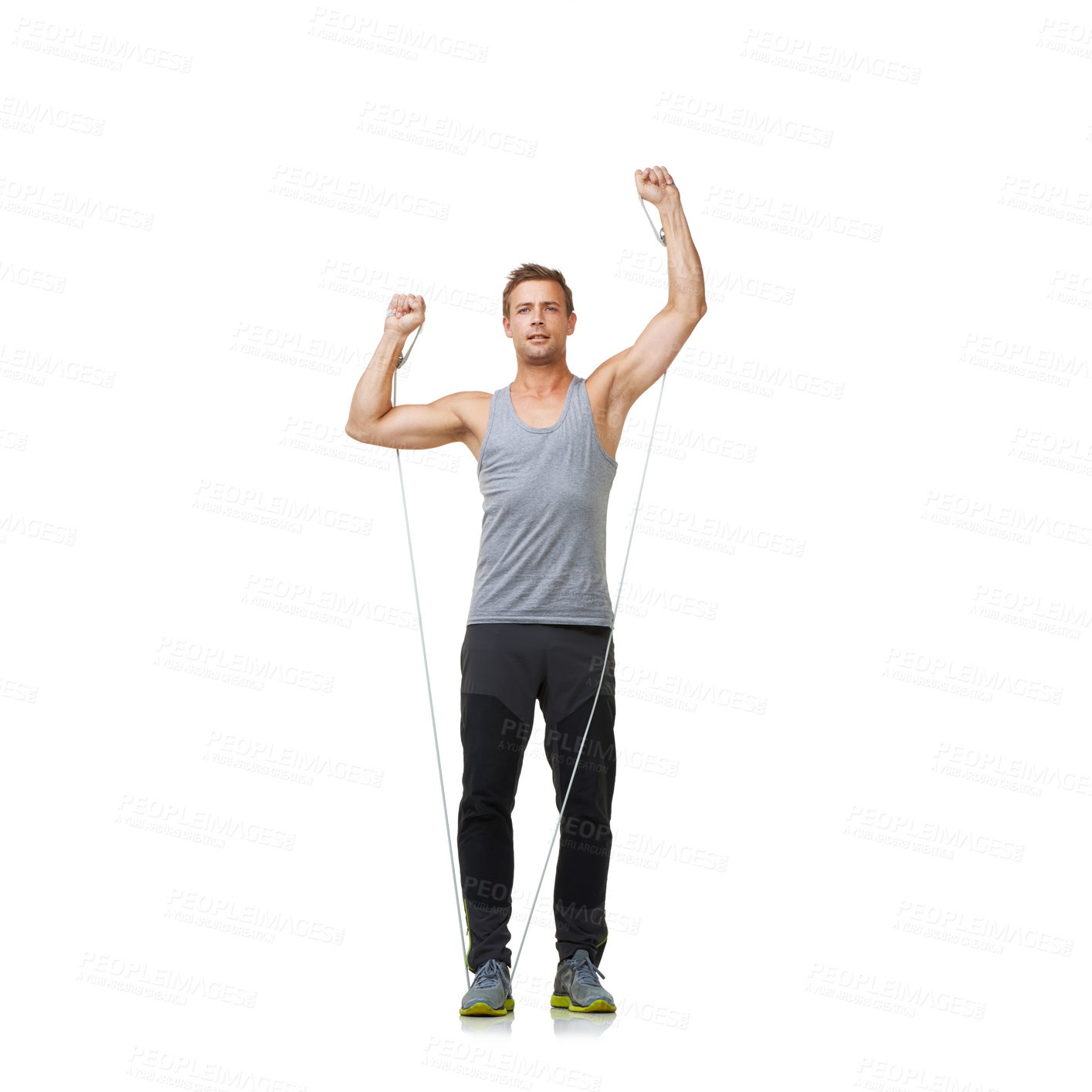 Buy stock photo Exercise, strong and man by resistance band in studio, gym and bicep arm training for workout. Person, fitness and muscle growth with equipment in mockup, health and athlete on white background