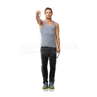 Buy stock photo Strong, man and portrait by resistance band in studio, gym and fitness exercise for bicep training. Person, face and workout for commitment by gym equipment, mockup and cardio by white background