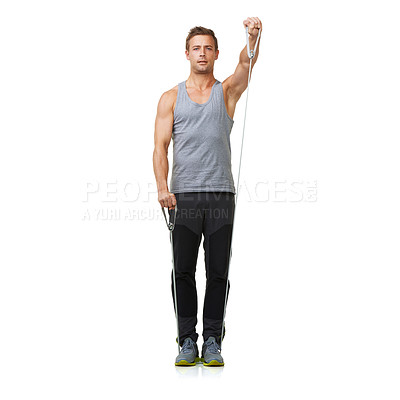 Buy stock photo Portrait, man and stretching a resistance band in studio, gym and workout fitness for strong muscles. Sports person, face and exercise in commitment by equipment and mockup on white background