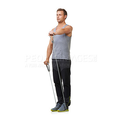 Buy stock photo Training, man and resistance band for health in studio, gym and biceps workout for strong muscles. Sport, person and exercise for commitment with equipment, mockup and athlete by white background