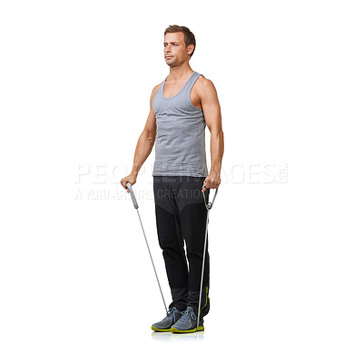 Buy stock photo Strong, man and resistance band to workout in studio, gym and biceps training for health muscles. Sports person, exercise and commitment with stretching in mockup and wellness on white background