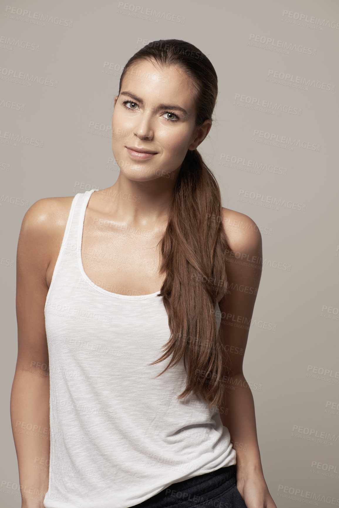 Buy stock photo Fashion, casual and portrait of woman isolated on studio background with smile, long hair and cool clothes. Happy young model or beautiful person from Germany standing in trendy outfit for promotion