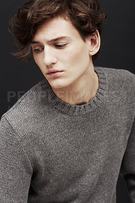 Buy stock photo Thinking, serious and man in sweater for fashion in studio isolated on a a black background. Model in jersey with idea, 
style and trendy clothes of young, handsome or casual person on a backdrop