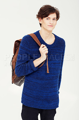 Buy stock photo Student, backpack and portrait in studio with university, back to school and smile of male person. Study, college education and man happy with learning and class fashion with bag and white background