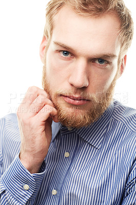 Buy stock photo Business, portrait and man in studio thinking, curious and unsure or concerned on white background. Face, questions and young male entrepreneur with puzzled expression, gesture and body language