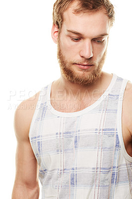 Buy stock photo Fashion, tshirt and man in studio with style, clothing or confidence on white background. Fashionable, streetwear and young male model posing in cool, trendy or comfortable, edgy or summer clothes 
