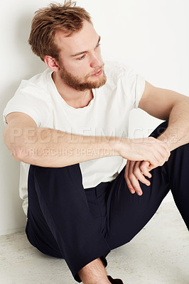 Buy stock photo Thinking, depression and man on a floor with stress, anxiety or broken heart disaster in his home. Overthinking, crisis and sad male person on the ground with grief disaster, mistake or mourning loss