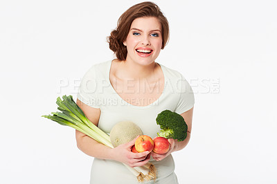 Buy stock photo Woman, happy and portrait with vegetables in studio, nutrition and wellness for vegan diet in mock up. Person, smile face and fruit for food, vitamins and detox in nutritionist by white background