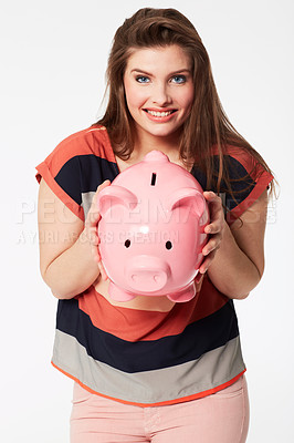 Buy stock photo Finance, portrait and woman with piggy bank in studio for savings, payment our budget on white background. Money, box or face of person with cash container for investment or future financial freedom 