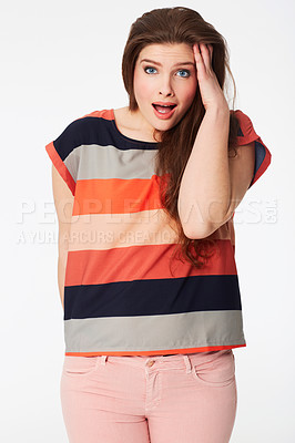 Buy stock photo Fashion, portrait and woman with surprise or shock in white background of studio with announcement. Wow, wtf and person with omg reaction to sale, news or crazy information with shocked emoji