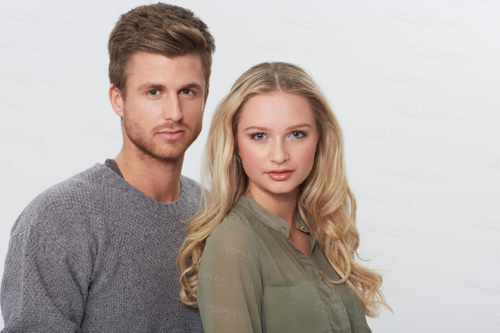 Buy stock photo Portrait, serious and couple together, love or care in healthy relationship isolated on a white studio background mockup space. Face, confident man or woman in romantic connection, trust or support