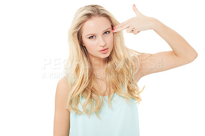 Buy stock photo Finger gun, white background and portrait of woman for shooting, aim and pointing to head. Dark humor, violence and face of isolated person with hand gesture, symbol and icon for joke in studio
