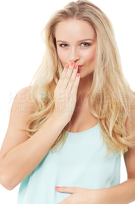Buy stock photo Portrait, blowing kiss and woman with love, happy and confident girl isolated on a white studio background. Face, person and model with romantic gesture, body language and flirting with beauty