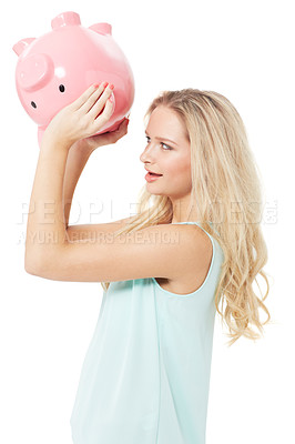 Buy stock photo Woman, piggy bank and finance or savings in studio with cash investment, financial growth or wealth. Person, money box and budget or banking for increase or income on white background with smile