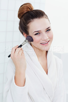 Buy stock photo Makeup, brush and portrait of woman in a bathroom for wellness, cosmetics or routine at home. Beauty, tools or face of happy female person with with contour, powder or foundation application in house