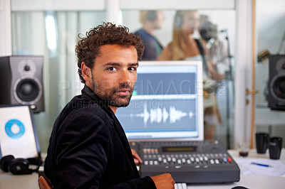Buy stock photo DJ, musician and recording studio portrait with a man and music producer with tech and computer. Sound engineer, audio technician and media editor with professional in booth with synthesizer control