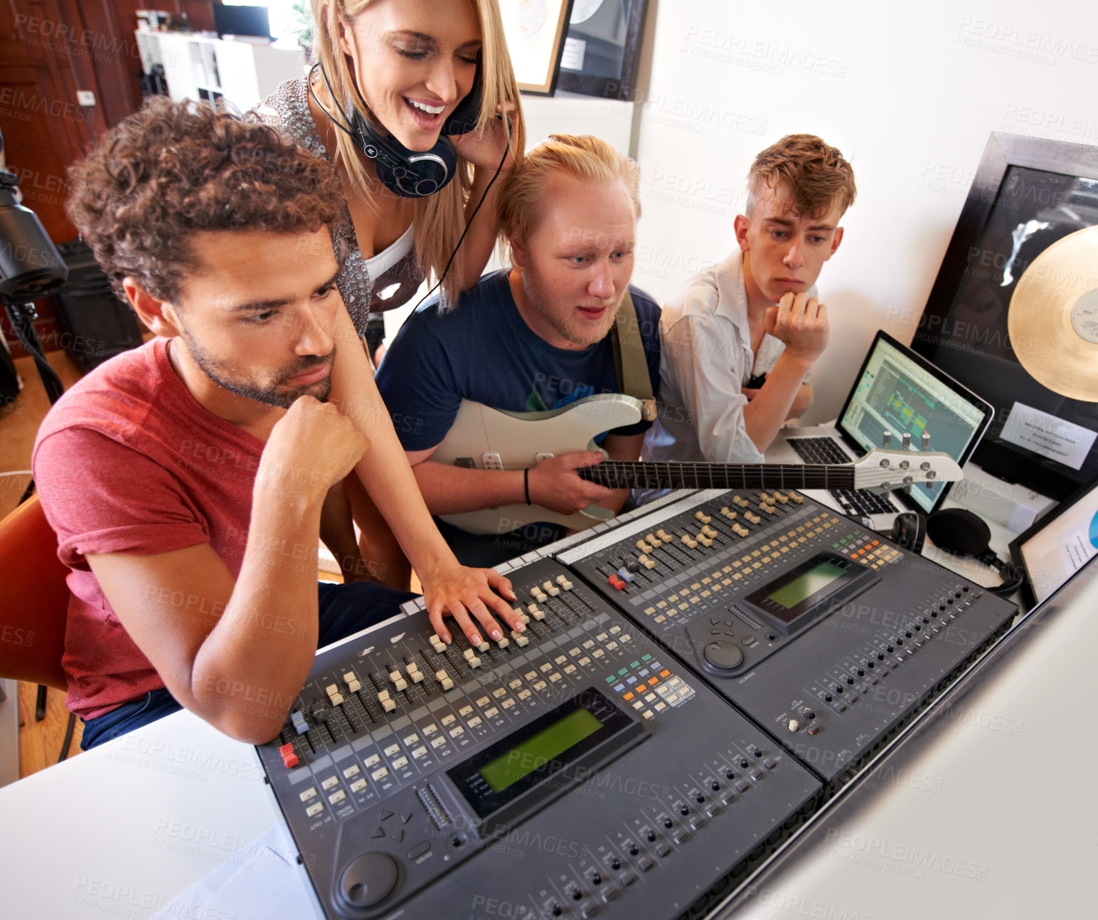 Buy stock photo Recording studio, music and people with producer for band songs, track and audio with musical instruments. Technology, soundboard and men and women with sound engineer or technician to record media